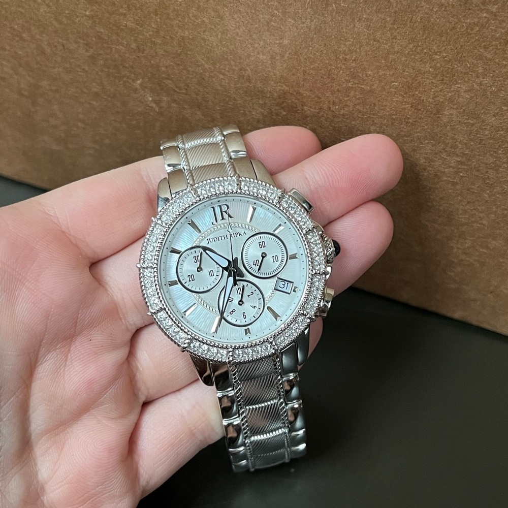 Judith Ripka silver stainless steel chronograph watch mother of pearl face